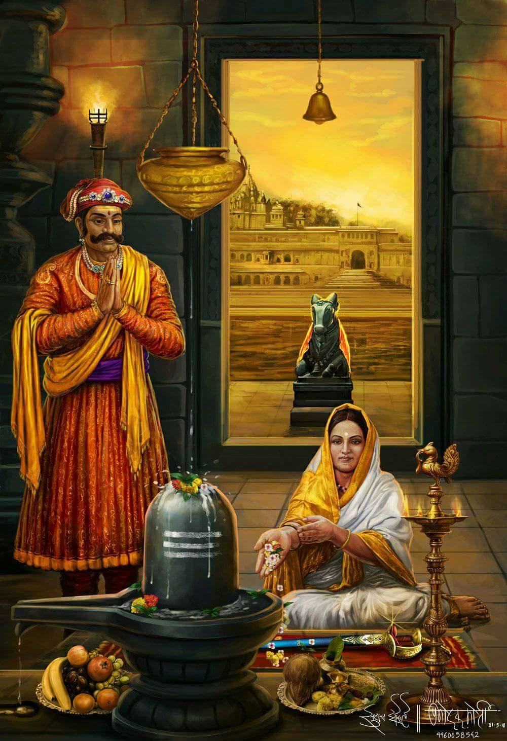 Devotional painting of Ahilyabai Holkar seated in white robes offering flowers before a Shiva linga, with a Maratha nobleman standing in prayer beside her and a temple and river ghat visible through the doorway beyond.