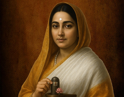 Painted portrait of Maharani Ahilyabai Holkar in a white sari with a gold border, holding a small Shiva linga.