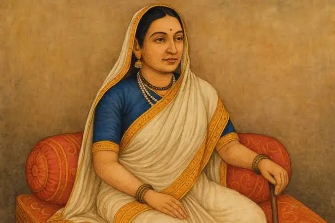 Painting of Ahilyabai Holkar seated on a red cushioned seat in a white sari with a gold border, holding a staff.